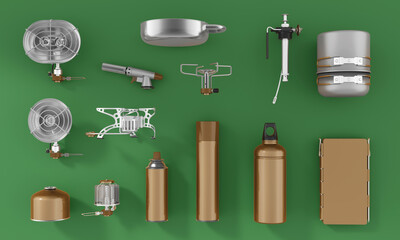 Obraz premium Tourist equipment for travel and tourism. Gas and gasoline burners, gas cylinders of various types, gas lamps and heaters, fuel tanks, wind protection, cutter, dishes. 3d illustration.
