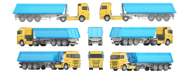 Truck with trailer mock-up for advertising, corporate identity. Vehicle branding mock up. Isolated template of dump truck on white. View from side, front, back and 45 degree view. 3d illustration