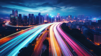 Fototapeta na wymiar A long exposure shot of a cityscape from above, cars and lights in a rush
