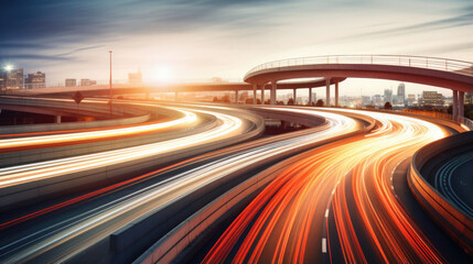 A long exposure shot of a busy freeway interchange,  cars streaming by in a rush