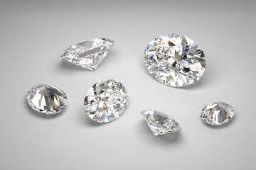 Scattering of diamonds of different sizes on a white background.  Exhibition of precious stones. Oval cut. 3d rendering.