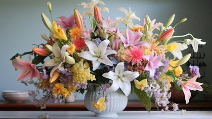 Pastel arrangement of lilies and tulips, thoughtfully designed to elevate your spring celebration. Expert floral harmony, timeless beauty, nature's grace, floral artistry. Generated by AI.