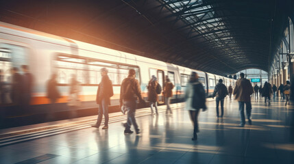 A busy train station platform during morning commute,  passengers in motion