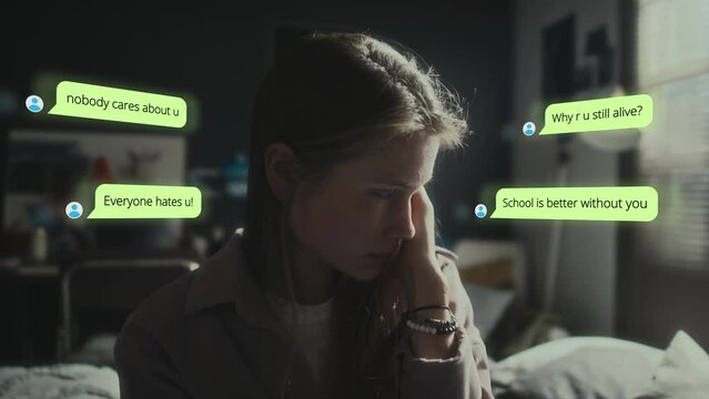 Crying teenage girl reading embarrassing messages on smartphone, suffering from stress and anxiety while being victim of cyberbullying. CG animated text popping up on copy space