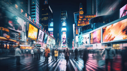A crowded Times Square at night,  with vibrant billboards and people in motion
