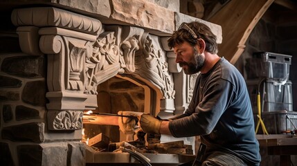 A meticulous stone mason carefully building a beautiful stone fireplace. Fireplace construction, stonework precision, meticulous craftsmanship, cozy atmosphere, timeless beauty. Generated by AI. - obrazy, fototapety, plakaty
