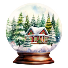 Christmas House Snow Globe Watercolor Clipart isolated on Transparent Background.
