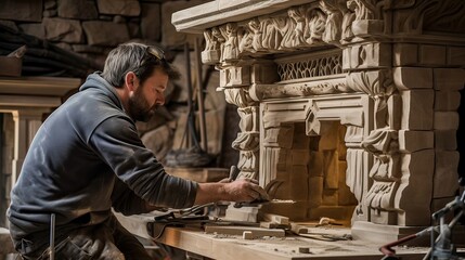 A professional stone mason creating an impressive stone fireplace. Fireplace design, stonework expertise, professional craftsmanship, inviting magnificence, timeless beauty. Generated by AI. - obrazy, fototapety, plakaty