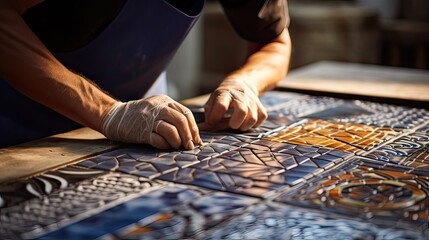 Kitchen mosaic design, artistic craftsmanship, professional tilework, kitchen's timeless beauty, skilled artistry. Generated by AI. - obrazy, fototapety, plakaty