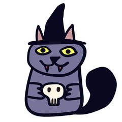 Funny evil cat. Cartoon character at Halloween party dressed as a vampire. Vector illustration