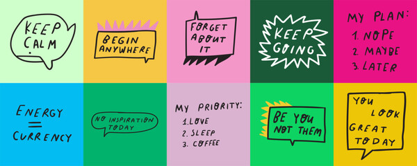 Collection of inspirational phrases on bright colors backgrounds. Best for social media. Hand drawn design. Lettering. Vector graphic design.