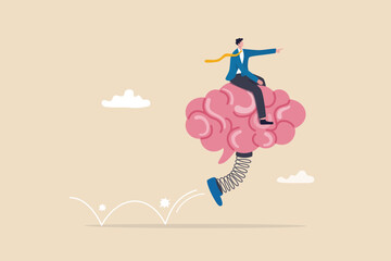 Brain intelligence, resilience or creativity to control thinking process for new idea, smart or wisdom to brainstorm, imagination to success concept, businessman riding human brain with springboard.