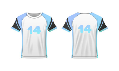 T-shirt layout. Flat, color, number 14, T-shirt mockup, T-shirt layout with numbers. Vector icons