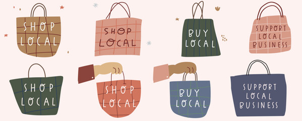 Collection of shopping bags. Shop local, buy local, support local business. Hand drawn vector design. Graphic design. Vector illustration on white background.