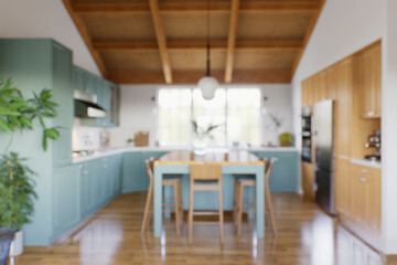 The large green kitchen is out of focus. 