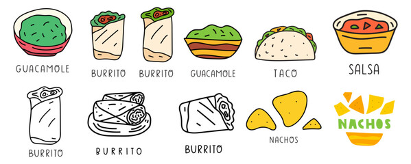 Mexican food. Burrito, nachos, Taco, guacamole, salsa. Flat and outline design. Set of vector hand drawn illustrations. White background.