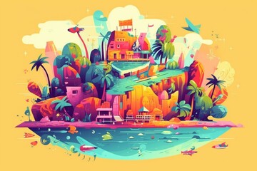 Colorful summer island illustration. Generative AI