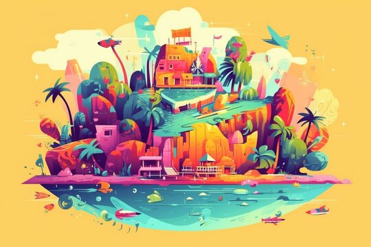 Colorful summer island illustration. Generative AI © Isadore