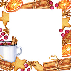 Watercolor square frame with a white mug of mulled red wine and orange, cookies, cinnamon, berries and spices, hand drawn sketch, food illustration of drink on white background