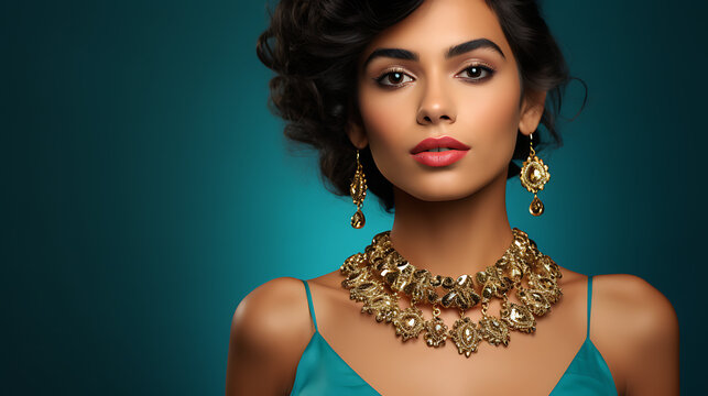 Model with a Golden Necklace on a Turquoise Studio Background