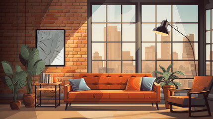 an urban loft interior with industrial elements, exposed brick walls, and minimalistic furnishings, capturing the raw and modern aesthetics of loft living