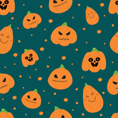 Seamless halloween pattern with creepy and funny pumpkins for kids party, fabric, textile, backgrounds, invitations. Vector