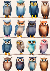 owls on painted background with knolling watercolour