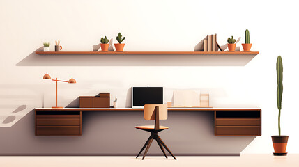 a minimalist workspace with a floating desk, wall-mounted storage, and a focus on simplicity and functionality, exemplifying the efficiency of modern office design