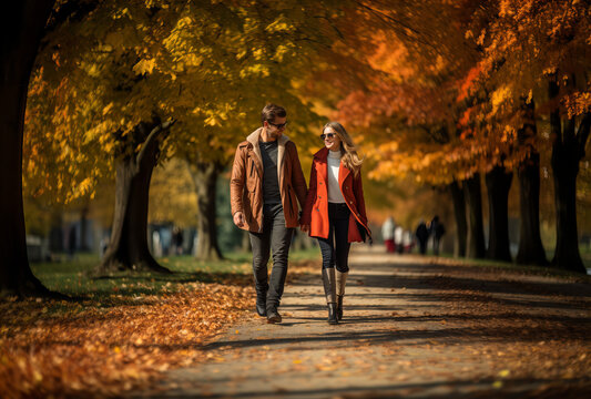 Loving Mature Couple Holding Hands Walking Along Track In Autumn Countryside