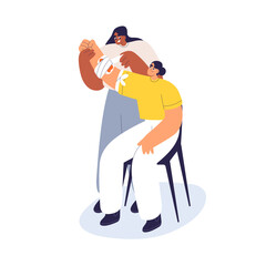 Stop bleeding, first aid. Emergency help, treatment for cut hand, blood wound, injury. Applying bandage, gauze, tourniquet on injured arm. Flat vector illustration isolated on white background