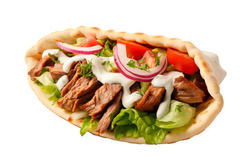 Doner kebab in pitta bread with lettuce, tomato, souce, onion, isolated on transparent background