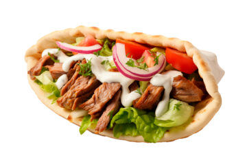 Doner kebab in pitta bread with lettuce, tomato, souce, onion, isolated on transparent background