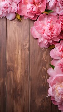 Wooden background surrounded by Peony flowers from top view, background image, vertical format, generative AI