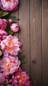 Wooden background surrounded by Peony flowers from top view, background image, vertical format, generative AI