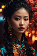 Fototapeta premium Portrait of a beautiful Chinese woman in traditional Chinese clothing, Chinese New Year concept.