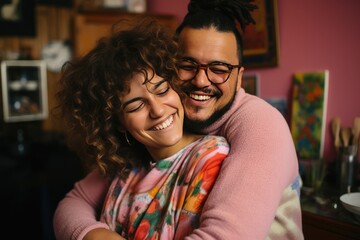 Happy hipster woman hugging a gay man at home.