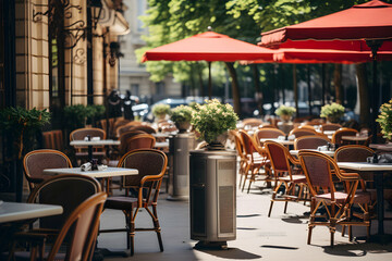 Cooling system in a street cafe in Paris. Global warming and climate change concept - obrazy, fototapety, plakaty