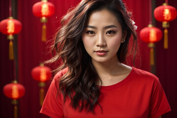 Naklejka premium Portrait of a beautiful Chinese woman in a red t-shirt, Chinese New Year concept.