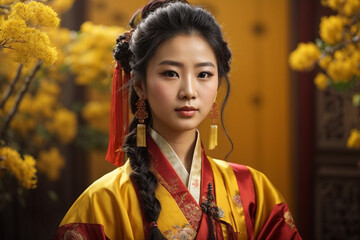 Fototapeta premium Portrait of a beautiful Chinese woman in yellow traditional Chinese clothing, Chinese New Year concept.