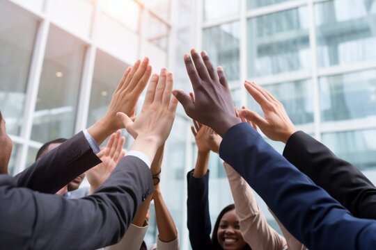 hands several modern businessmen and businesswomen meeting at the office table raised in the air giving high five to each other cheering and celebrating success or go-live
