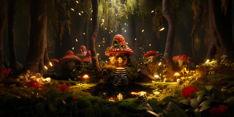 Miniature fairy house in amanita muscaria mushroom. Fairy tale mushroom house in the middle of a magical forest
