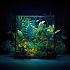 Green tropical leaves background with glass cube neon lights in the center. Natural leaves background