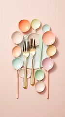 Pastel background surrounded by plates spoons and forks from top view, background image, vertical format, generative AI