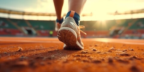 Runner feet running on a stadium, closeup on feet, sports background, space for copy