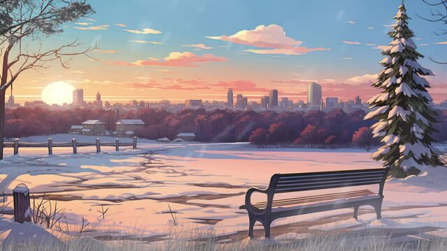 Winter scenery. winter park. benches in a city park with beautiful winter view. snowing. Nature scene in sunset. Cartoon or anime illustration video style background