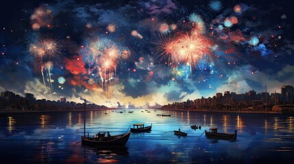 Fireworks illuminate the sky in a breathtaking show of colors and brilliance. Midnight celebration, dazzling fireworks, jubilant atmosphere, new year's commencement. Generated by AI.