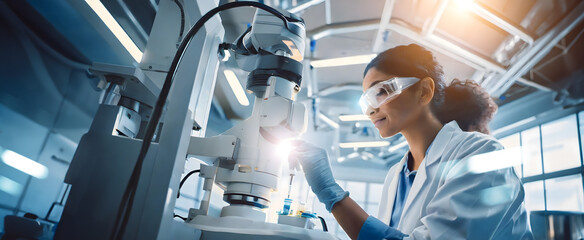 The female scientist works experiments with a modern microscope in a laboratory conducting medical research , biotechnology development in healthcare, chemistry and science.