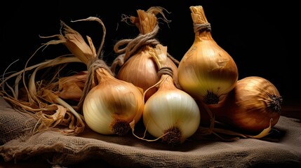 Fresh, earthy brown onions are celebrated for their papery skins. Culinary celebration, flavor elevation, aromatic depth, essential ingredient. Generated by AI.