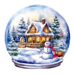 Snowman Christmas Snow Globe Watercolor Clipart isolated on Transparent Background.
