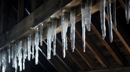 Glistening icicles hanging from the roof. Seasonal enrichment, natural beauty, seasonal fascination, mesmerizing presence. Generated by AI.